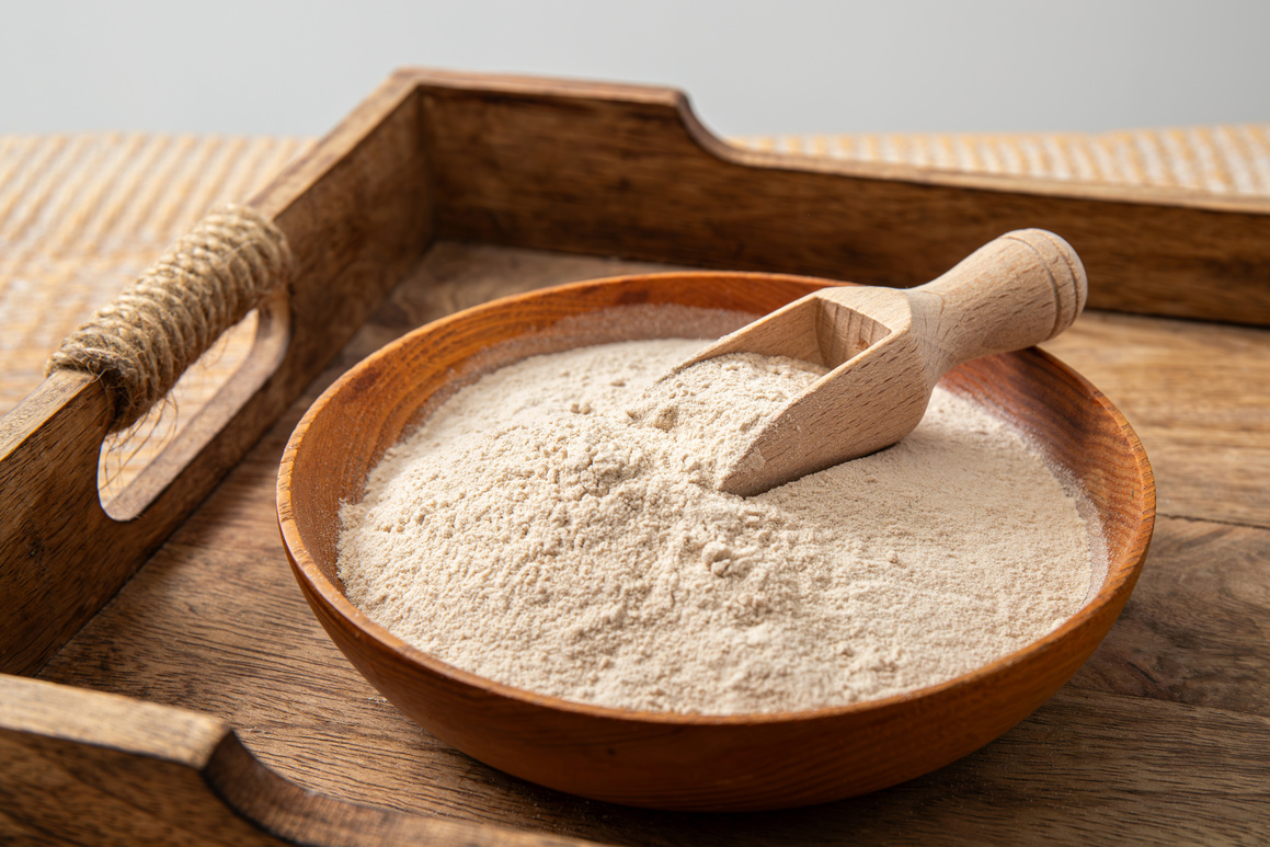Psyllium husk flour powder on wood bowl and spoon indoors at home. Health benefits of Psyllium flour concept.